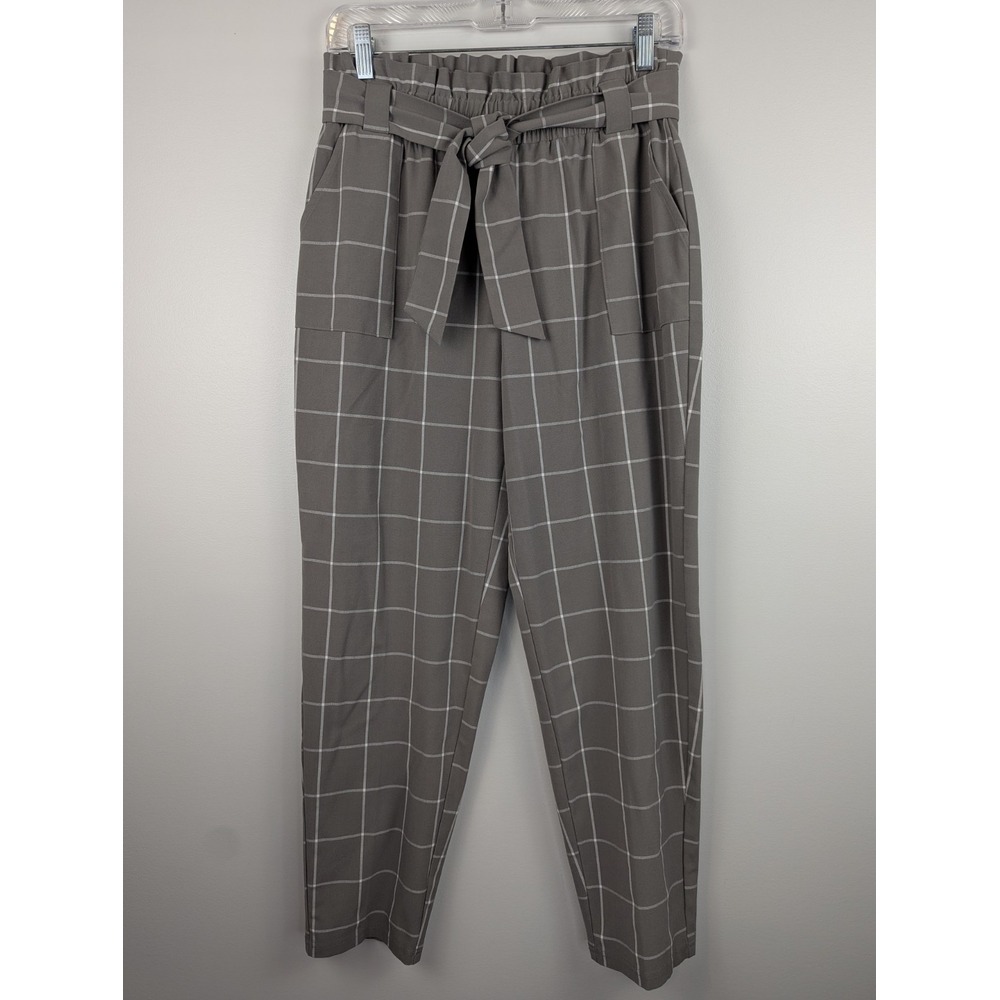 Nine.Eight Women's Cropped Paper Bag Waist Pants Gray Plaid Size S Tie‎ Belt
